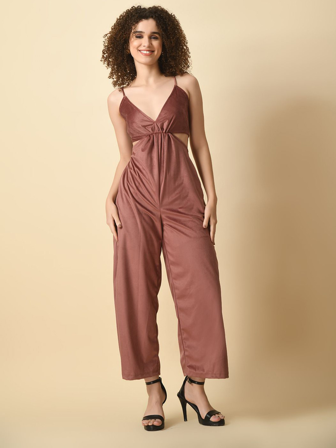 

Tushita Shoulder Straps Cut Out Detail Velvet Jumpsuit, Brown