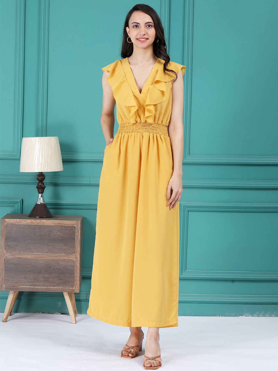 

Tushita V-Neck Ruffled Basic Jumpsuit, Yellow