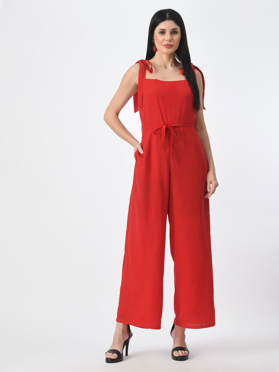

Tushita Square Neck Basic Jumpsuit, Red