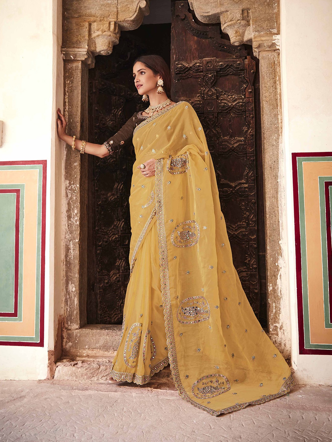 

Fusionic Embellished Embroidered Organza Saree, Mustard