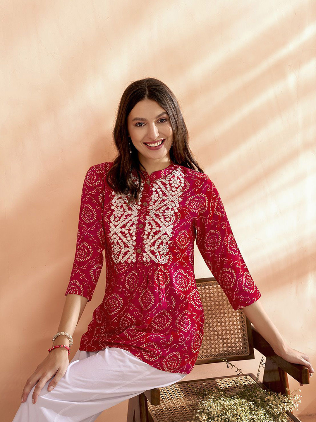

Anouk Bandhani Printed Mirror Work Short Kurti, Pink