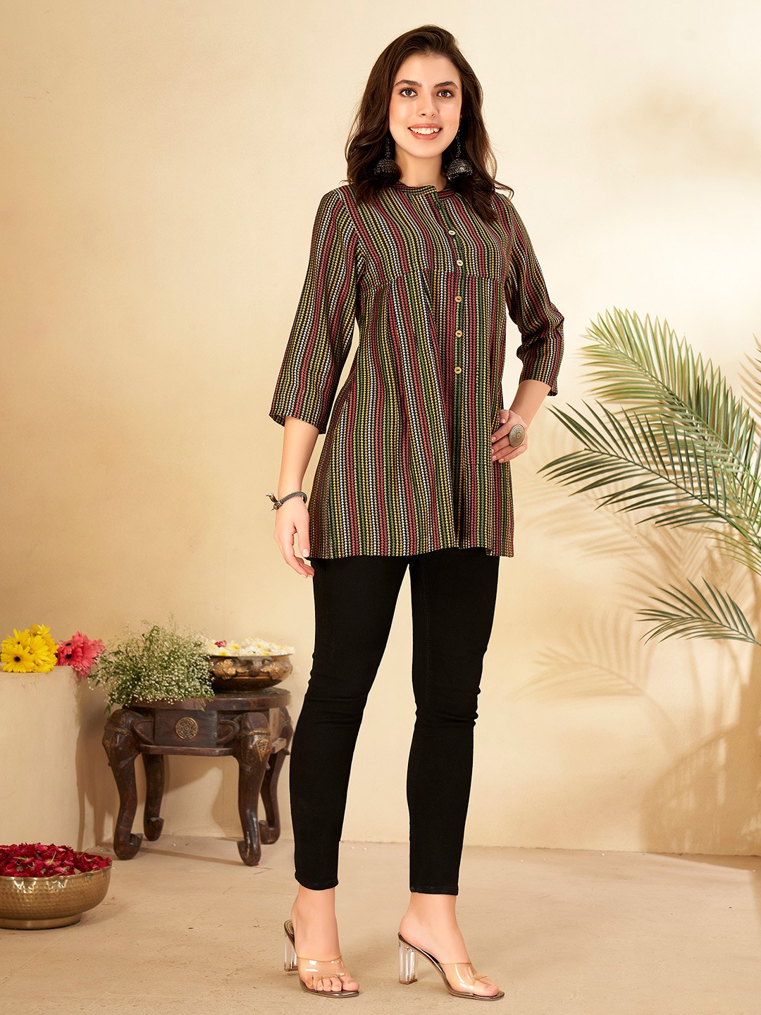 

Anouk Striped Mandarin Collar Three-Quarter Sleeves Kurta, Black