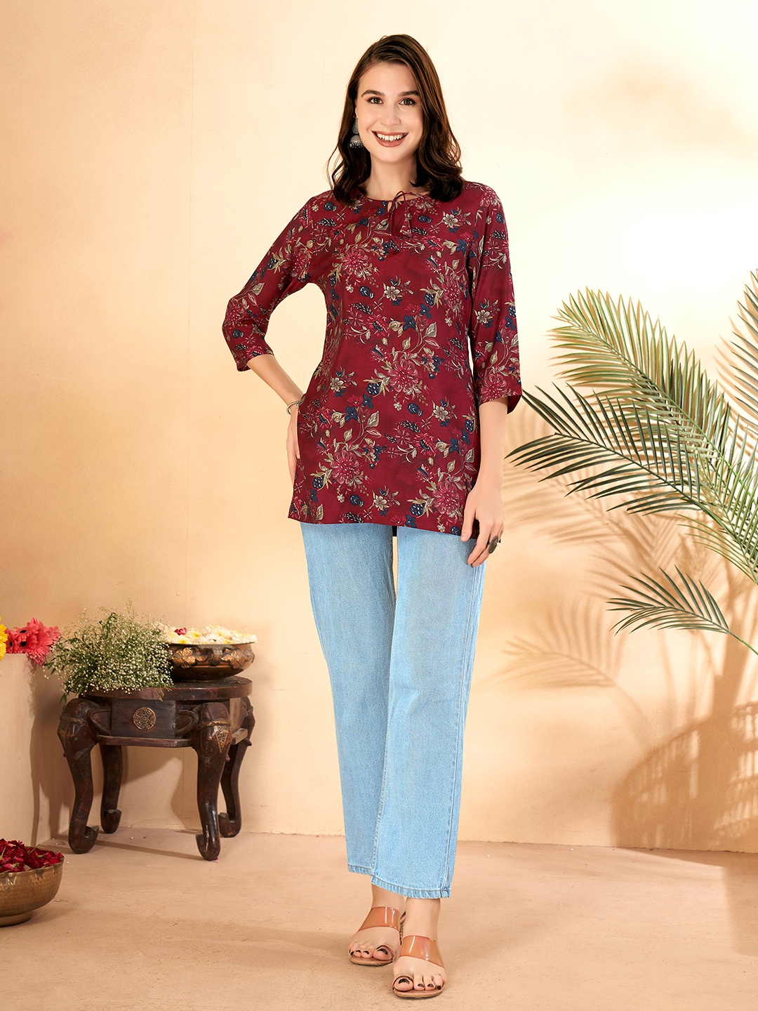 

Anouk Maroon Floral Printed Thread Work A-Line Short Kurta