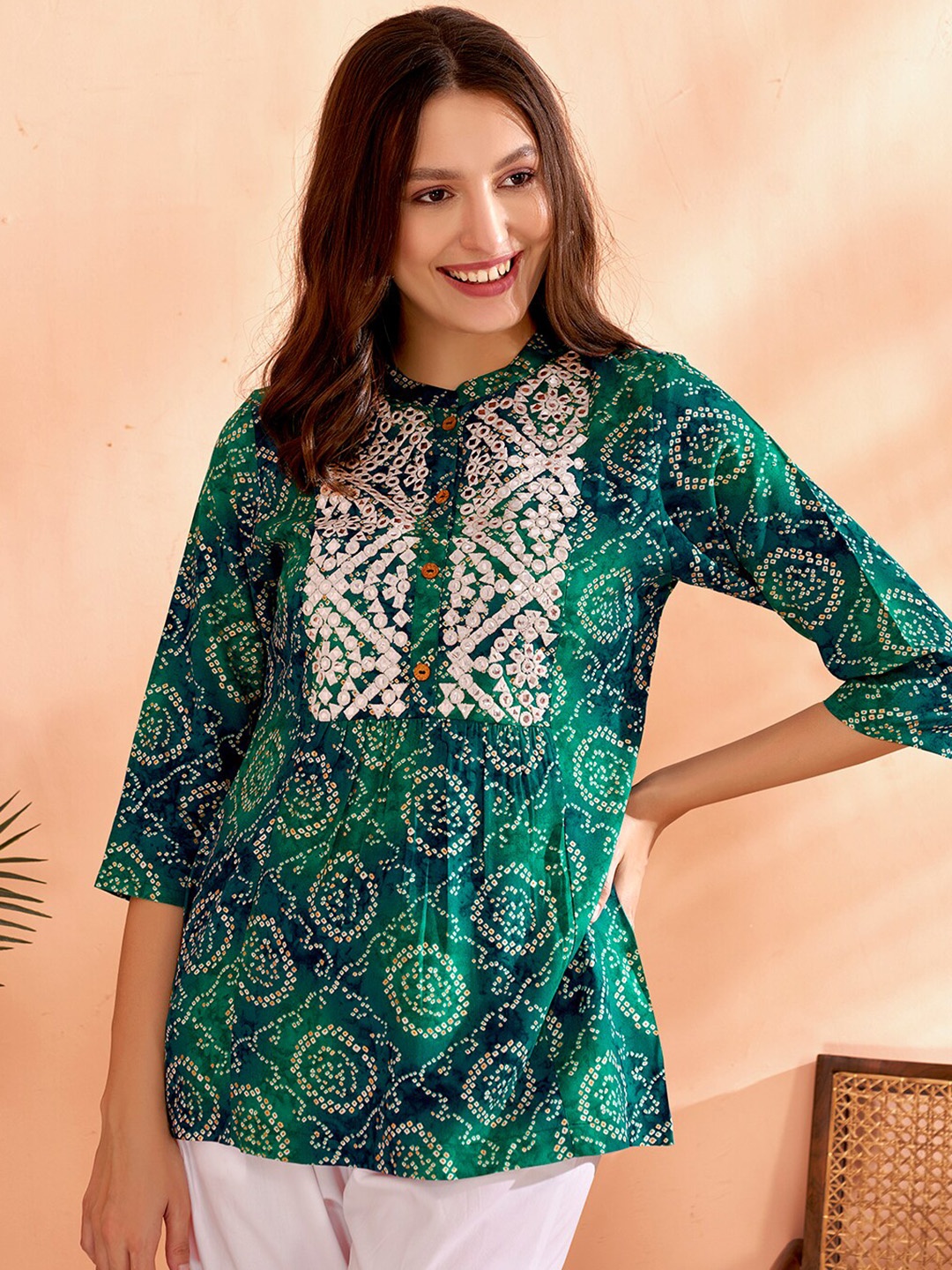 

Anouk Bandhani Printed Mirror Work Short Kurti, Sea green
