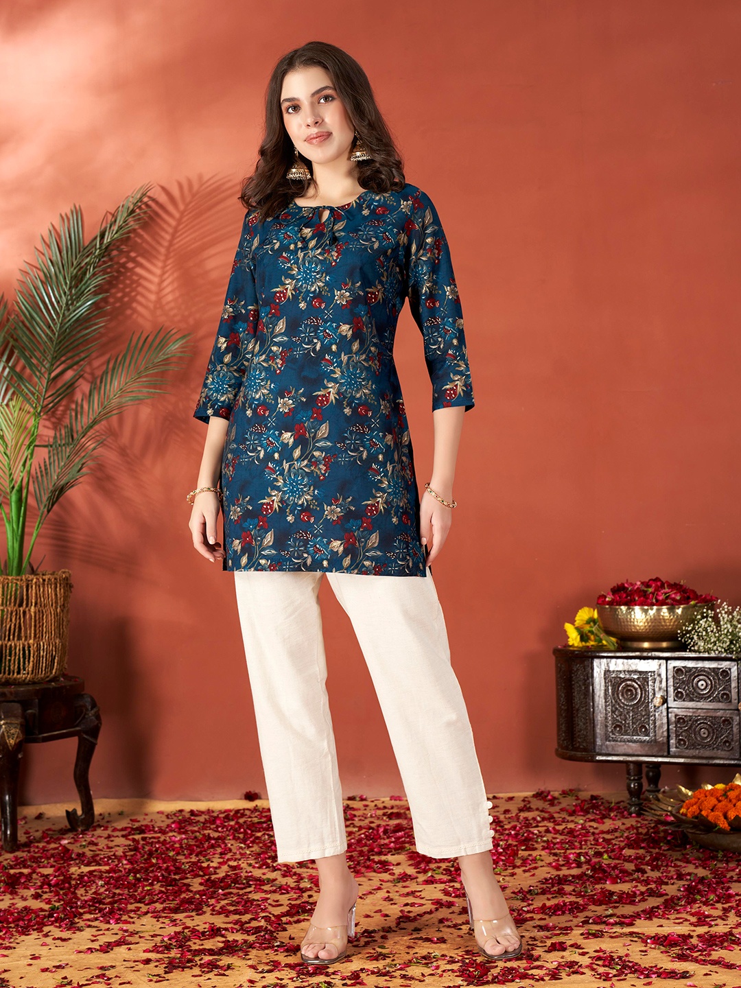 

Anouk Floral Printed Tie-Up Three-Quarter Sleeves Neck Kurta, Blue