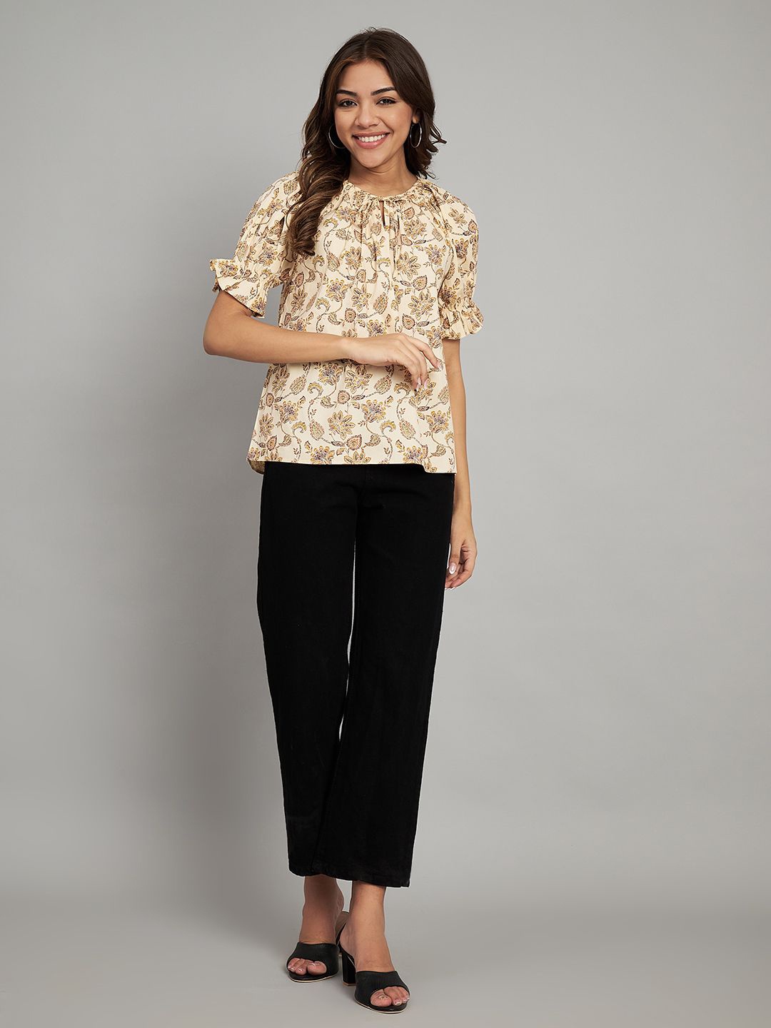 

Amagyaa Floral Print Puff Sleeve Cotton Top, Cream