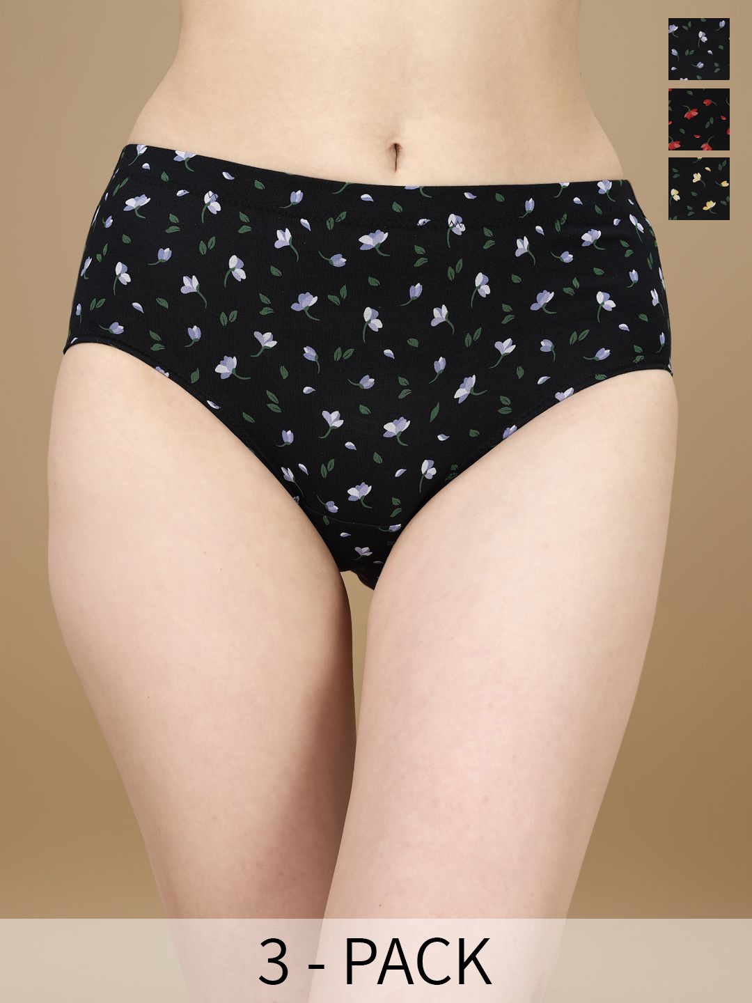 

Soie Pack Of 3 Printed Cotton High-Rise Hipster Briefs, Black