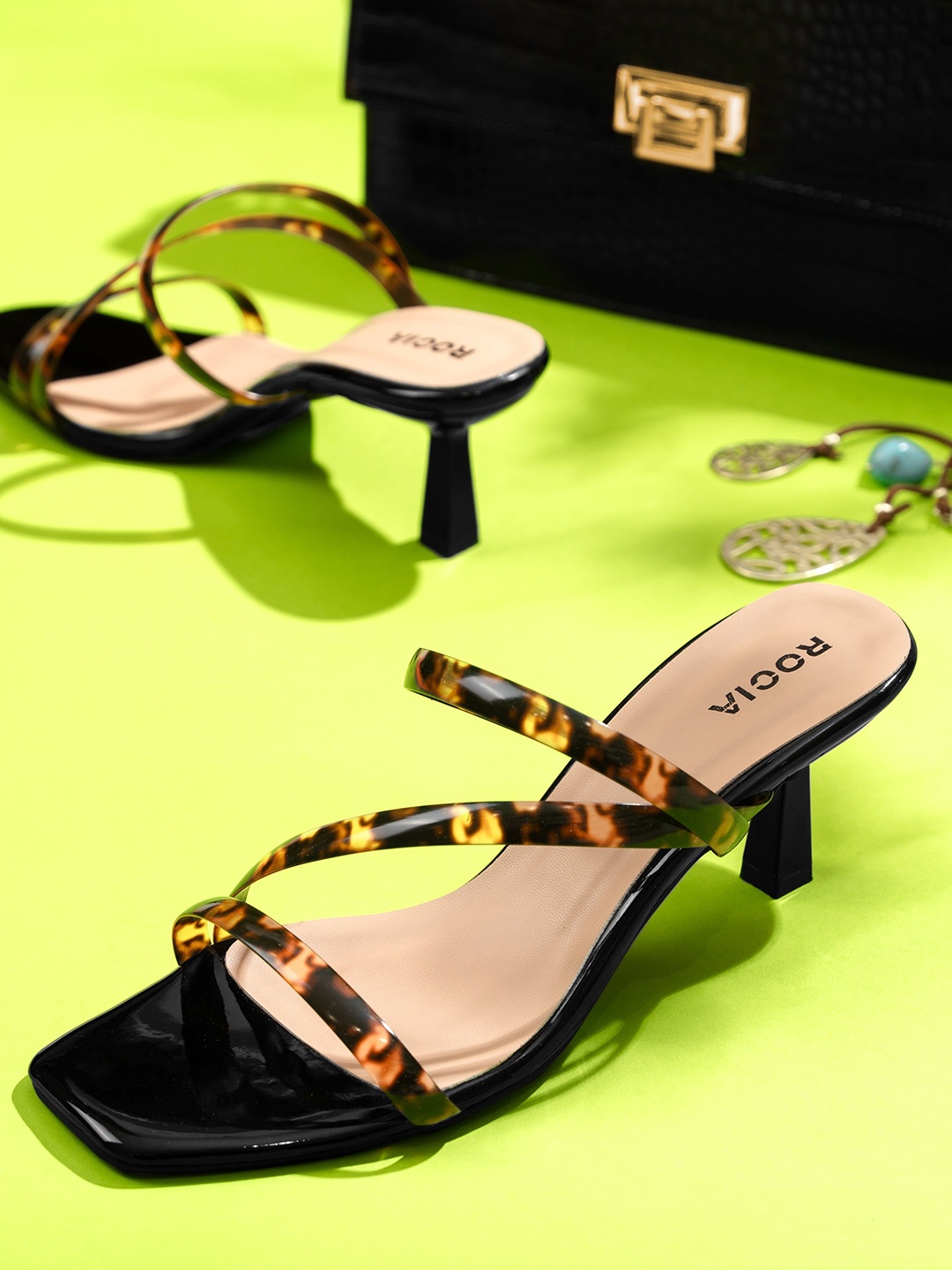 

Rocia Printed Open Toe Kitten Heels, Black