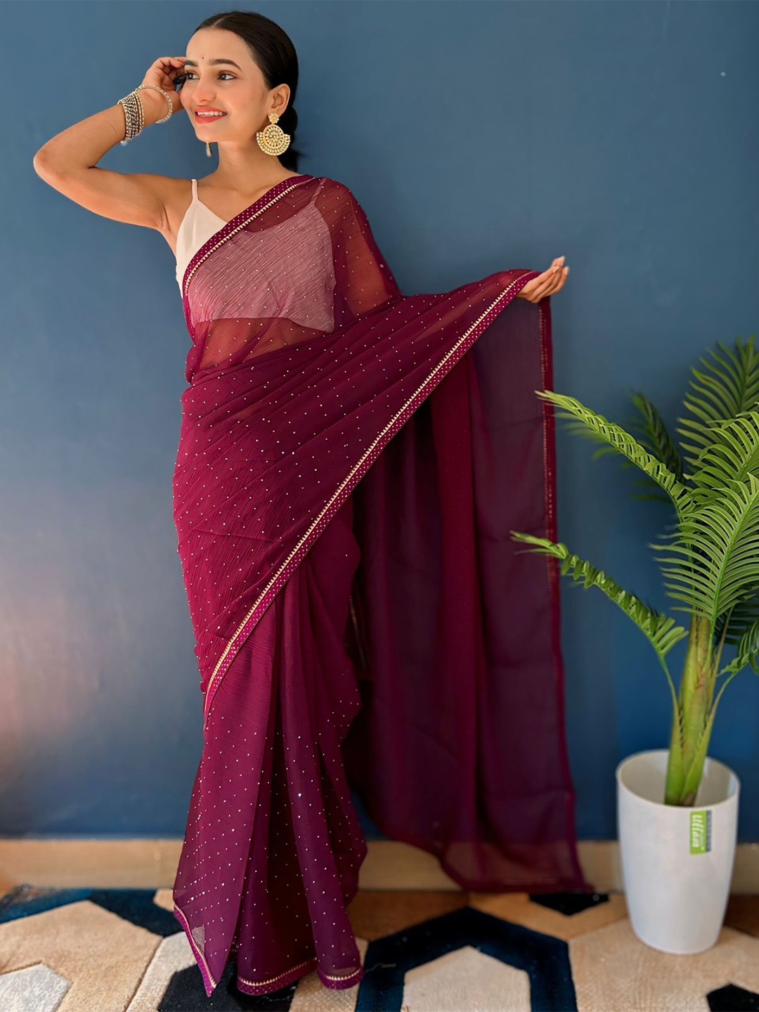 

Vastrasky Global Embellished Beads and Stones Saree, Red