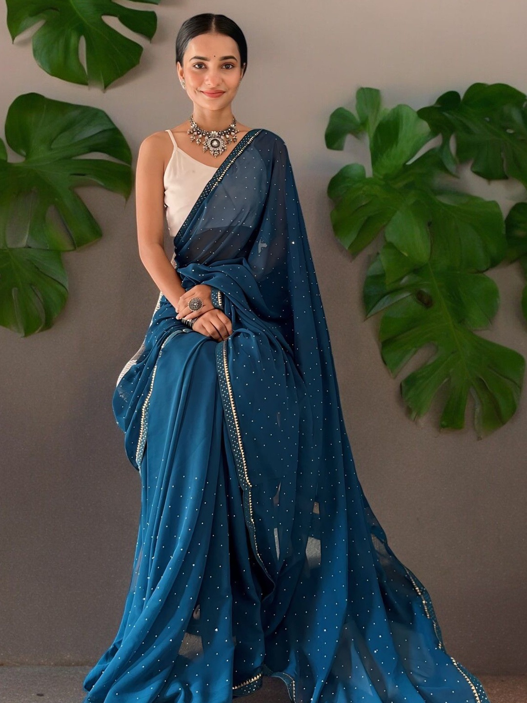 

Vastrasky Global Embellished Beads and Stones Saree, Blue