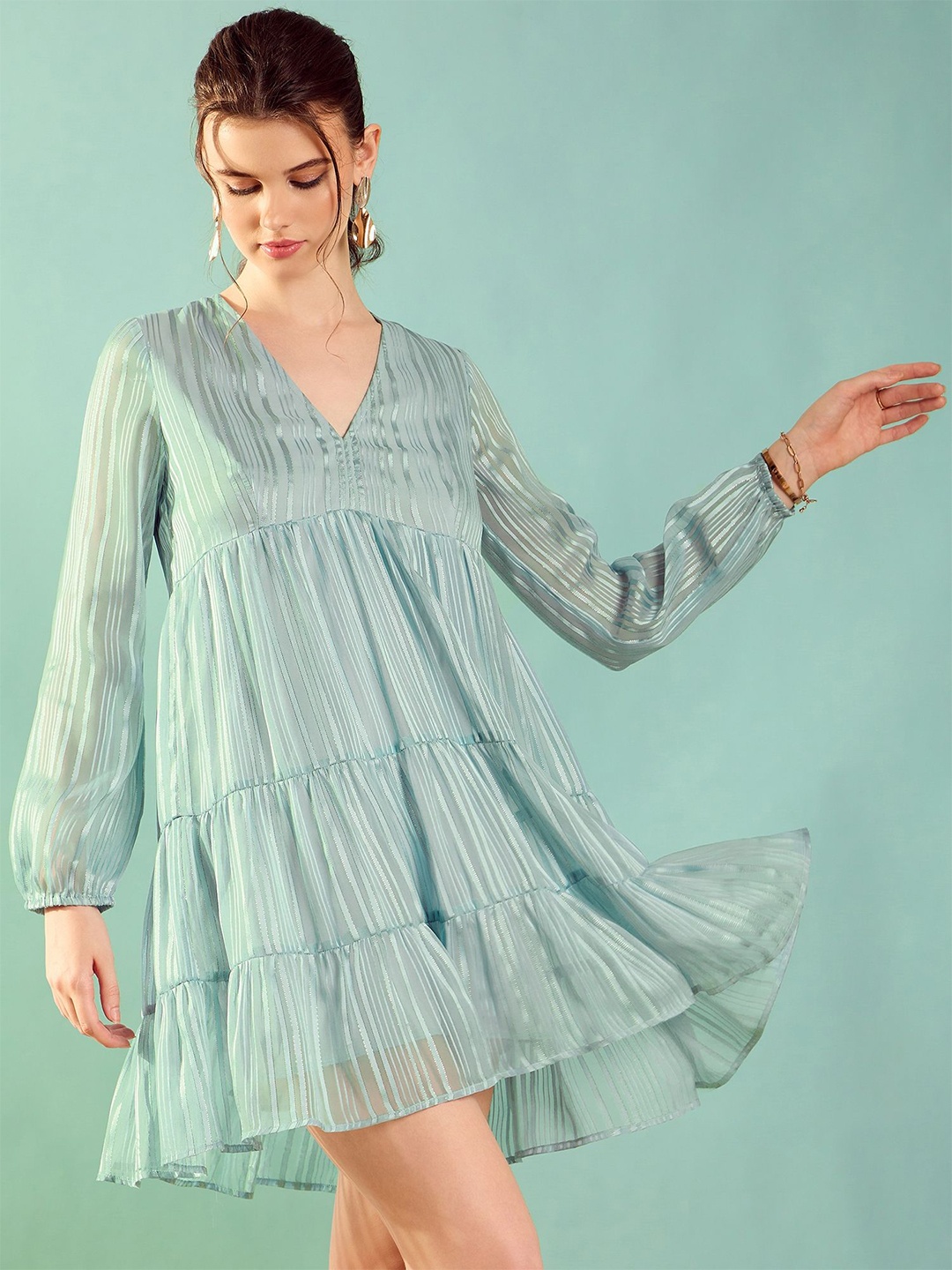 

KASSUALLY Puff Sleeve A-Line Dress, Blue