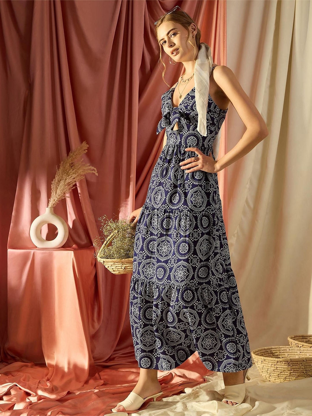 

KASSUALLY Ethnic Motifs Print Tiered Maxi Dress, Blue