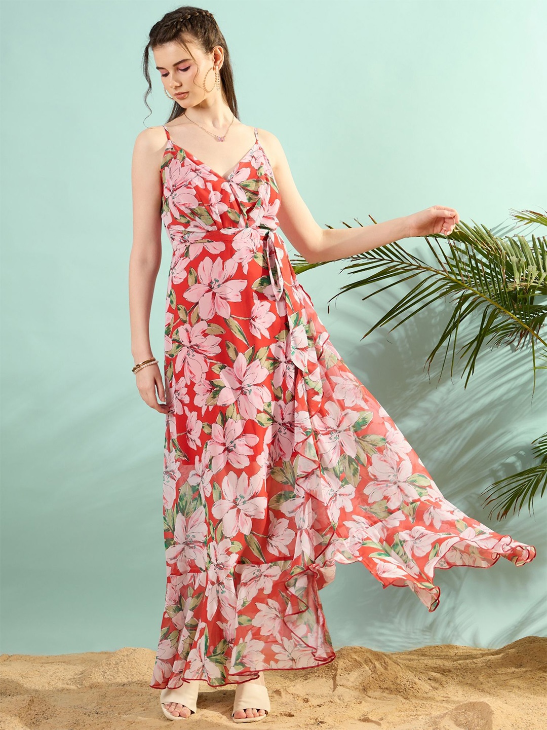 

KASSUALLY Woman Floral Print Georgette Maxi Dress, Red