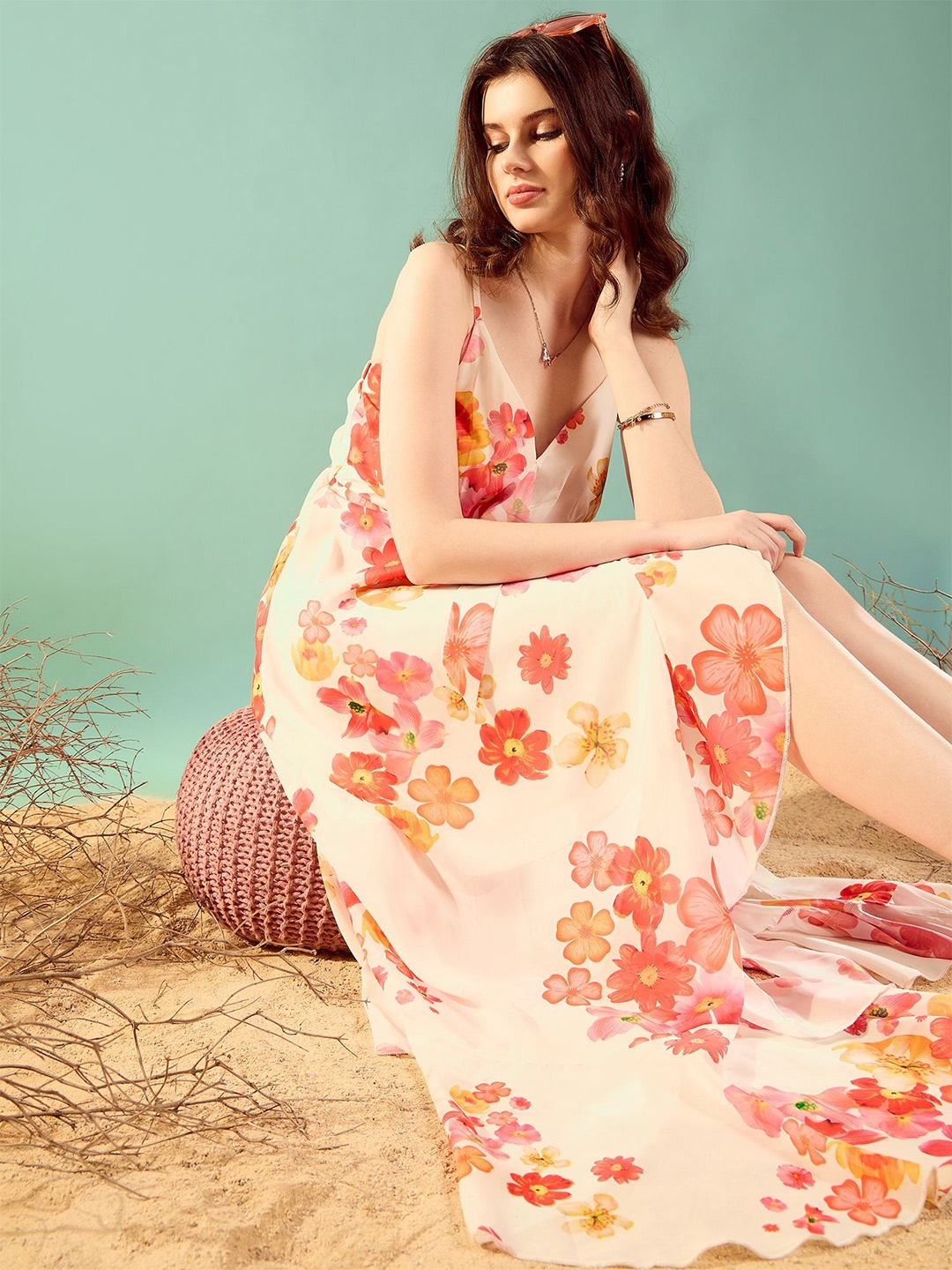 

KASSUALLY Floral Print V- Neck Georgette Maxi Dress, Beige