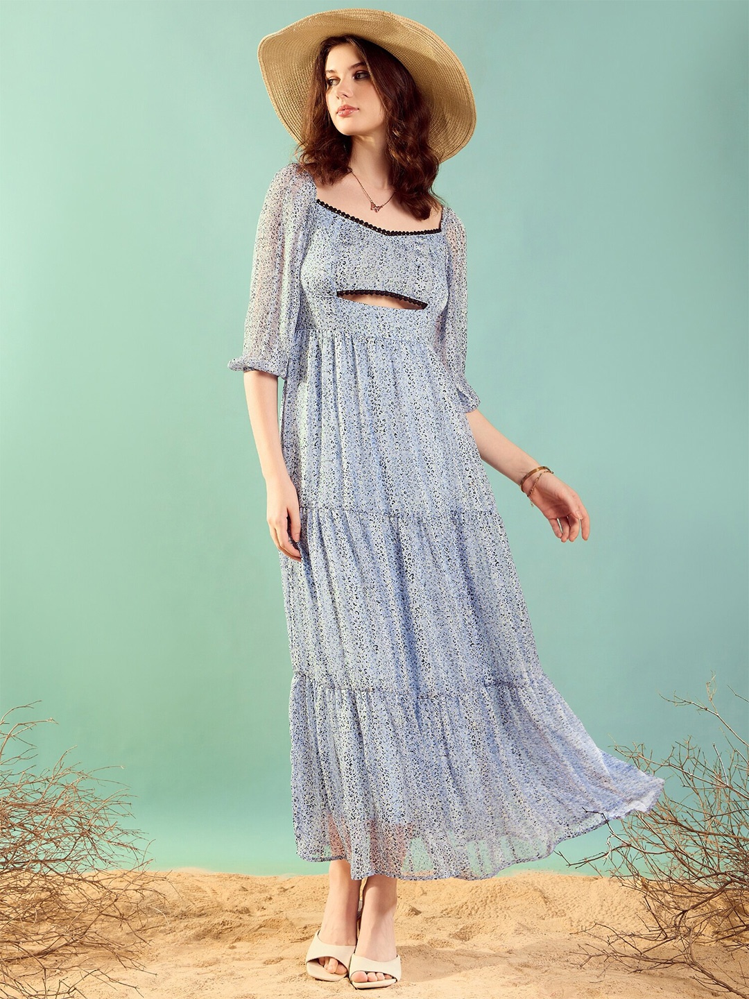 

KASSUALLY Print Square Neck Maxi Tiered Fit and Flare Dress, Blue