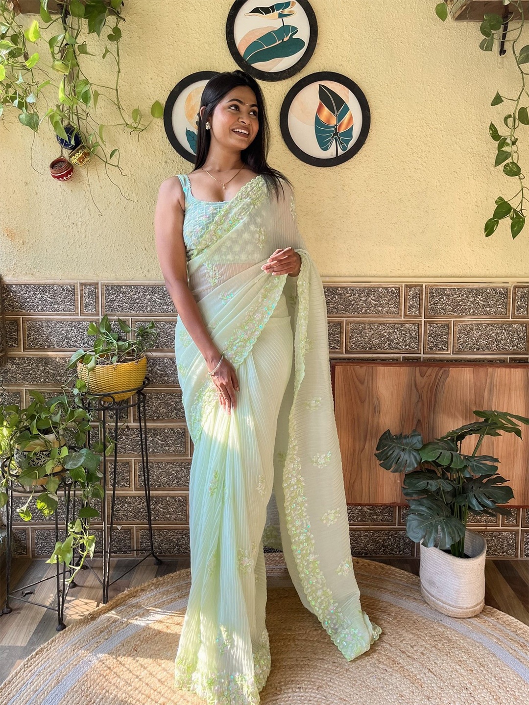 

LeeliPeeri Designer Floral Sequinned Pure Georgette Saree, Lime green