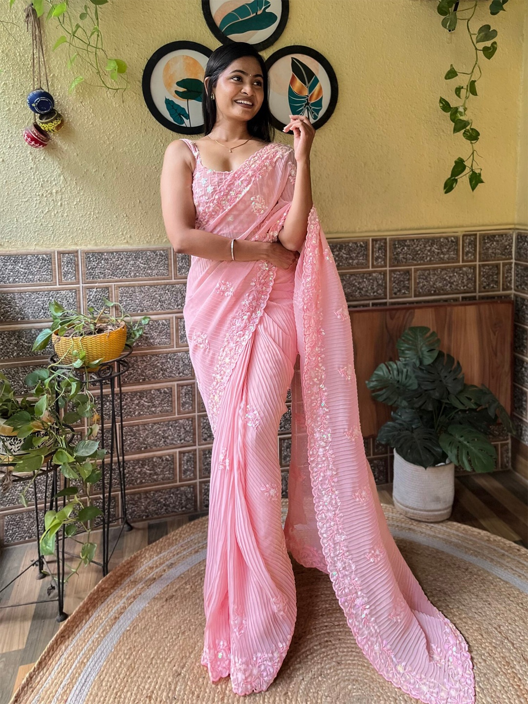 

LeeliPeeri Designer Embellished Sequinned Pure Georgette Saree, Peach