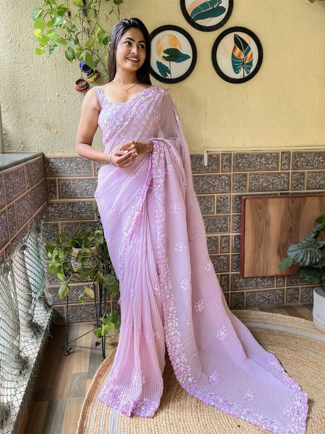 

LeeliPeeri Designer Floral Sequinned Pure Georgette Heavy Work Saree, Purple