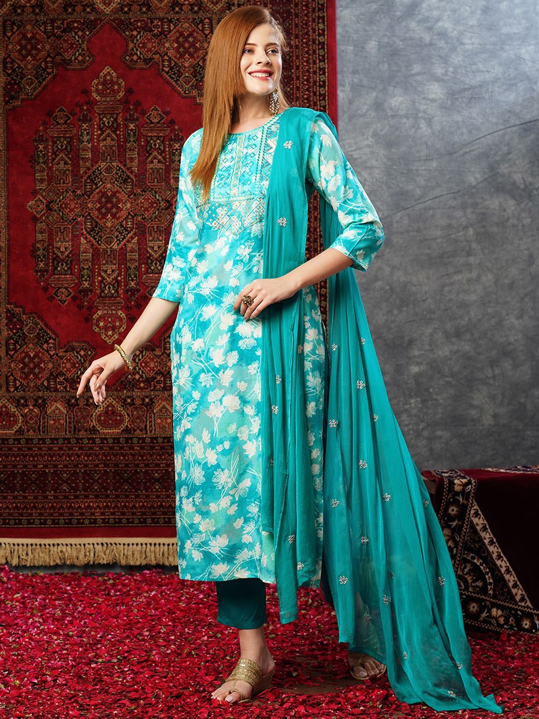 

Anni Designer Floral Printed Mirror Work Straight Kurta with Trousers & Dupatta, Sea green