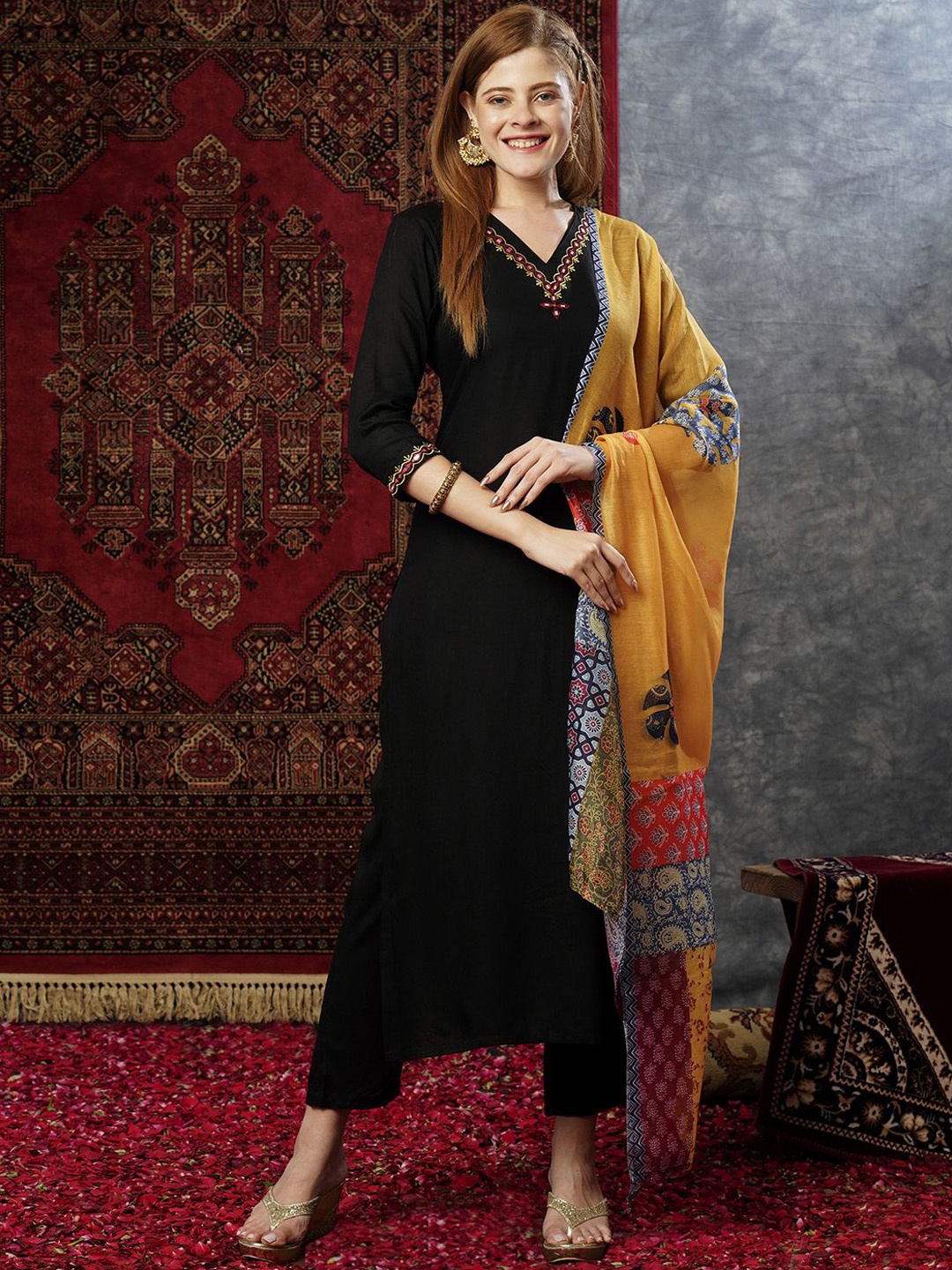 

Anni Designer V-Neck Embroidered Straight Kurta with Trousers & Dupatta, Black