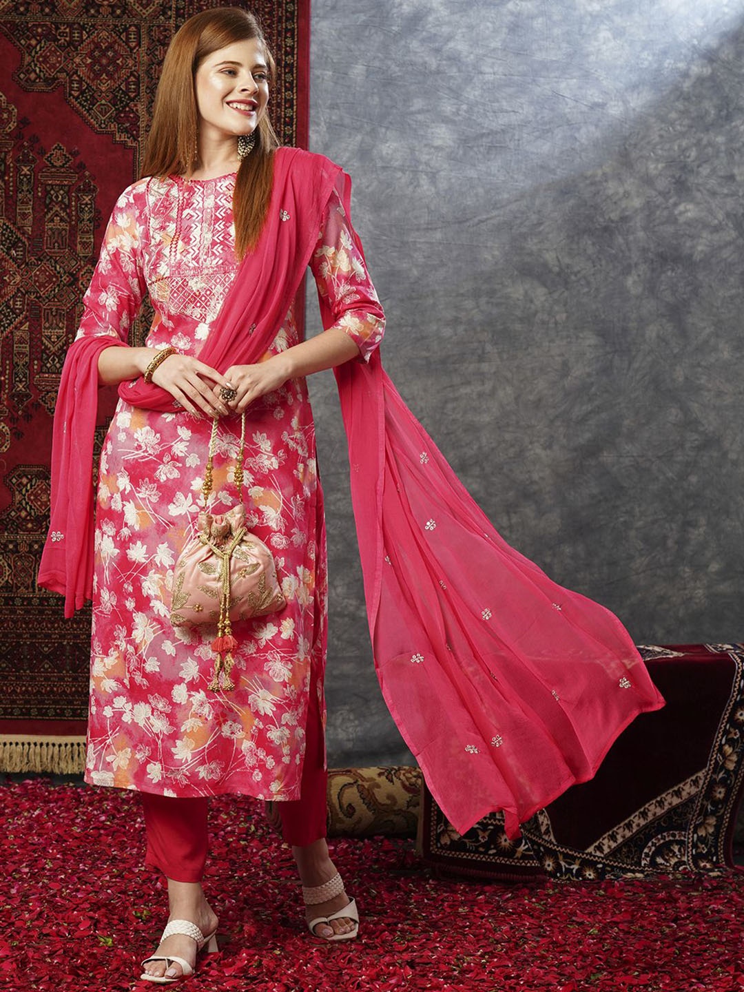 

Anni Designer Floral Sequinned Embroidered Straight Kurta with Trousers & Dupatta, Pink