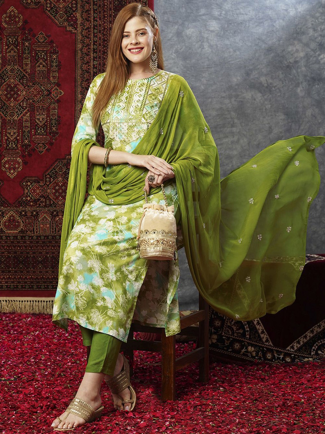 

Anni Designer Floral Embroidered Straight Thread Work Kurta with Trousers & Dupatta, Green