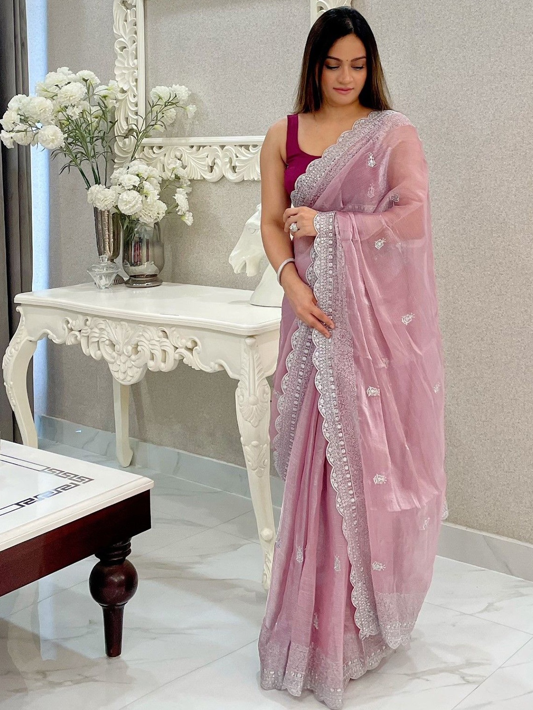 LeeliPeeri Designer Floral Embroidered Saree, Pink