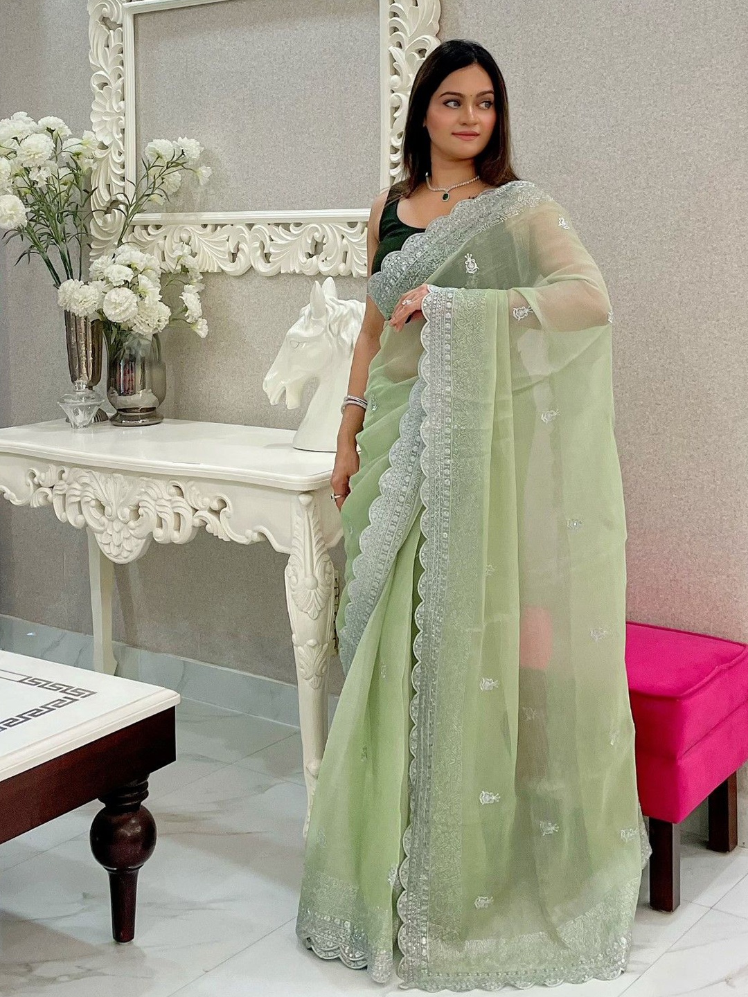 LeeliPeeri Designer Floral Embroidered Saree, Green