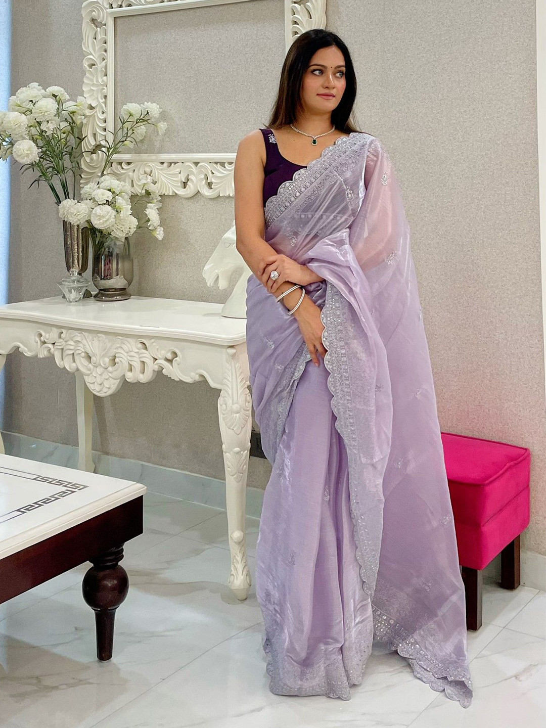 

LeeliPeeri Designer Floral Embroidered Saree, Lavender