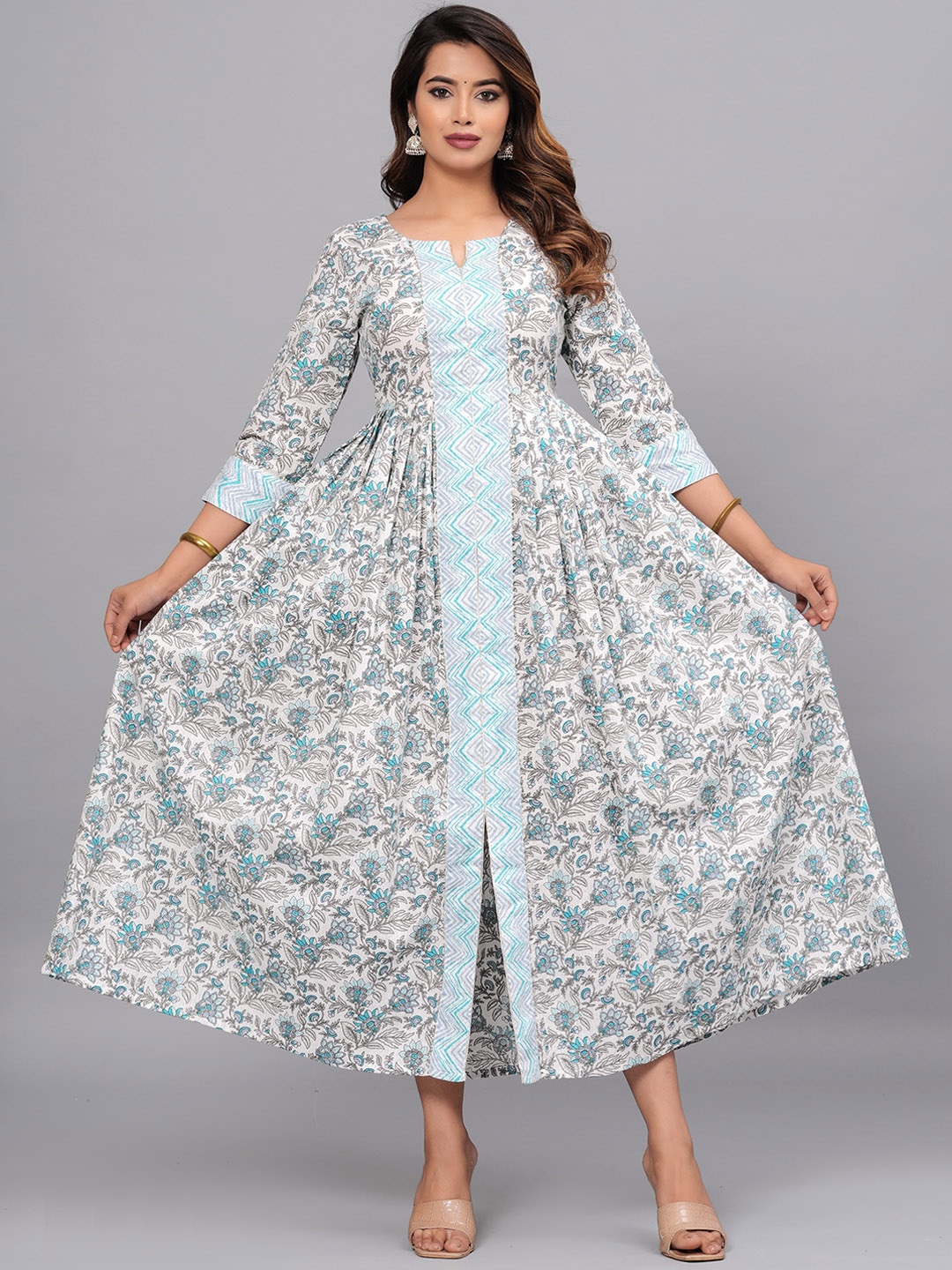 JAIPURI COLLECTION Floral Printed Thread Work Kurta, Turquoise blue