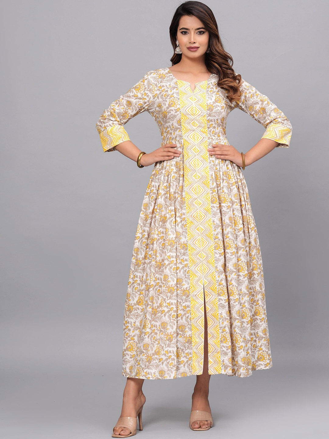 

JAIPURI COLLECTION Floral Printed Cotton Anarkali Kurta, Mustard