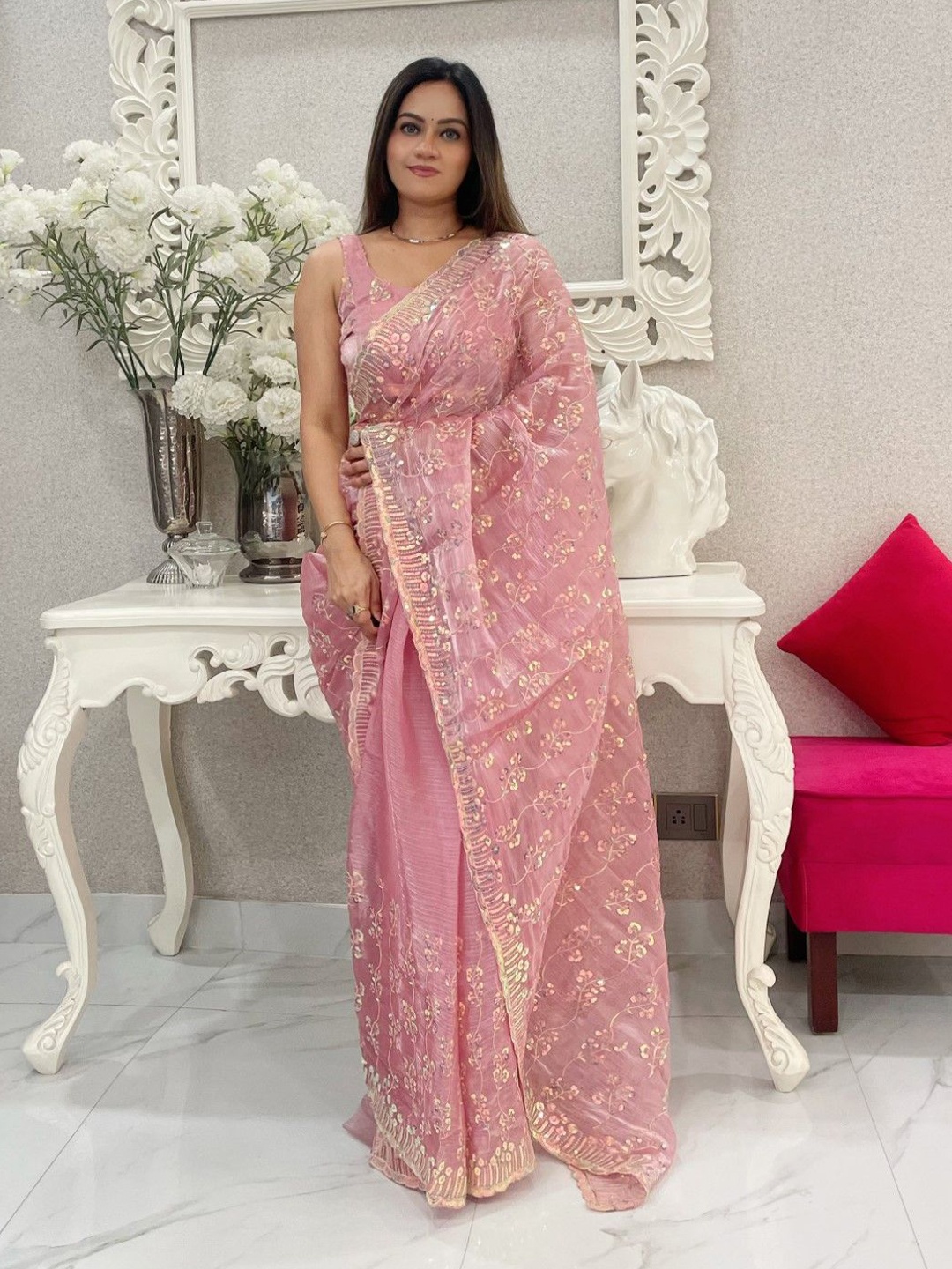 

LeeliPeeri Designer Floral Embroidered Saree, Pink