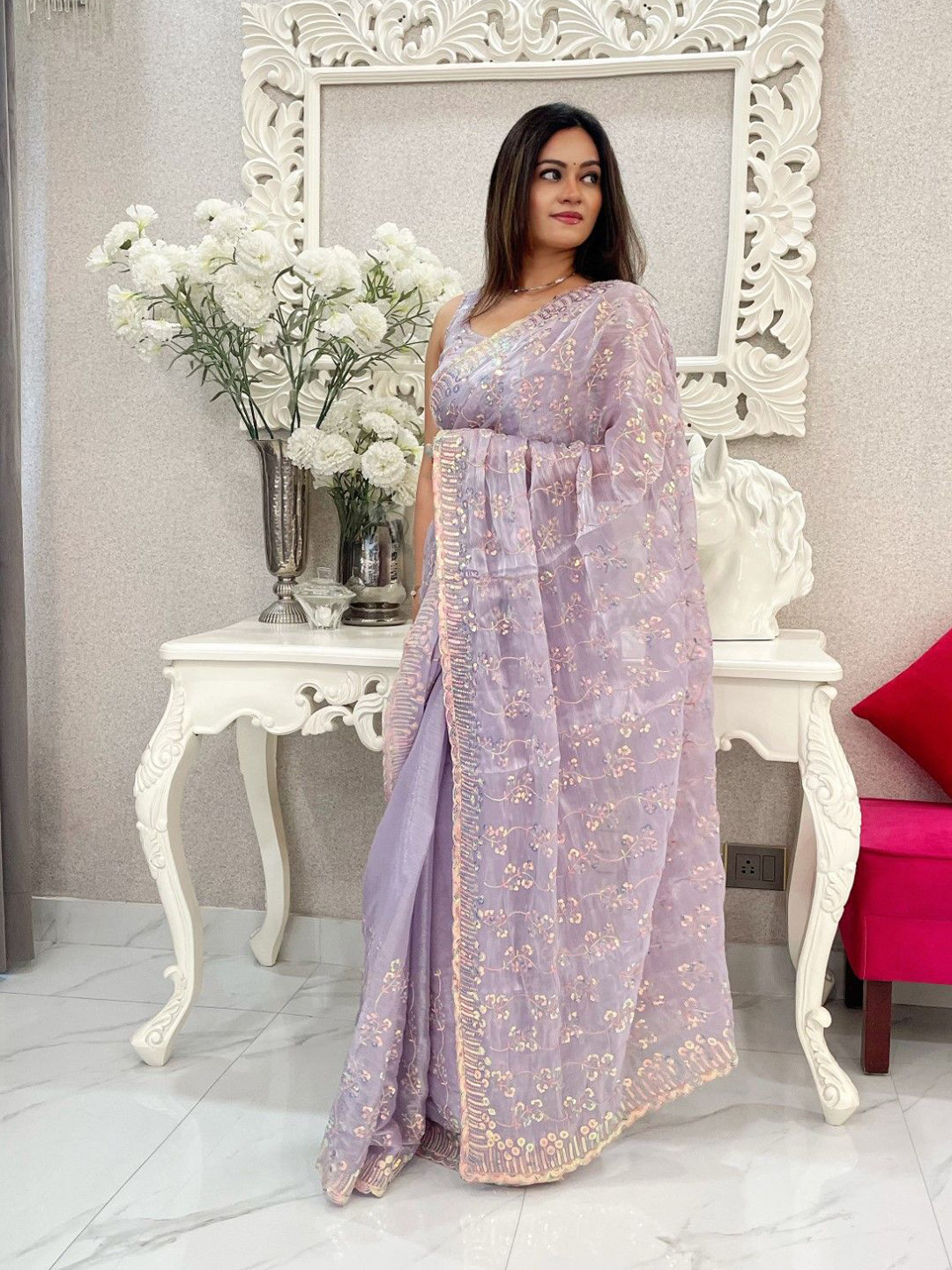 

LeeliPeeri Designer Embellished Sequinned Saree, Lavender