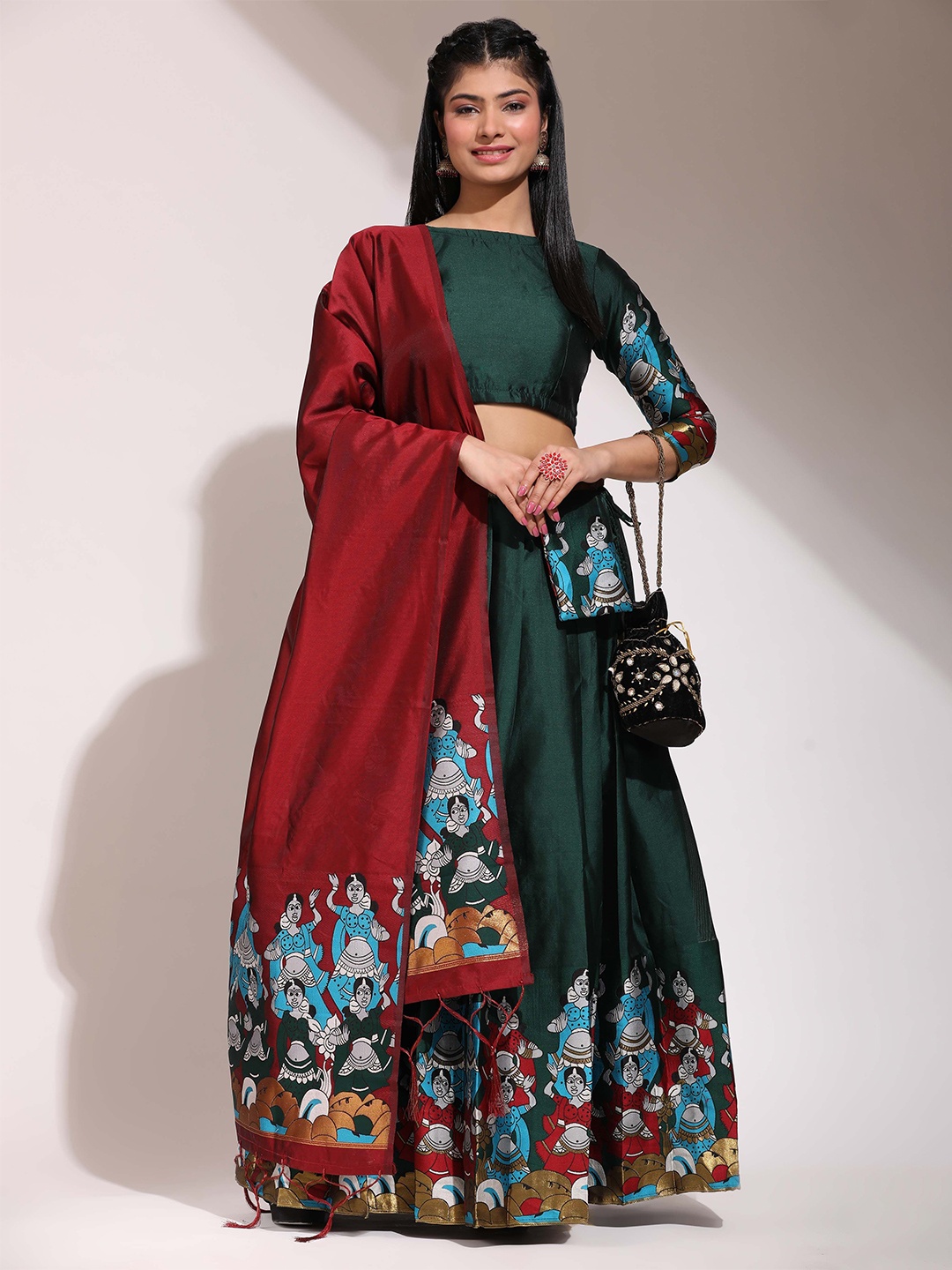 

Fabcartz Printed Semi-Stitched Lehenga & Blouse With Dupatta, Green