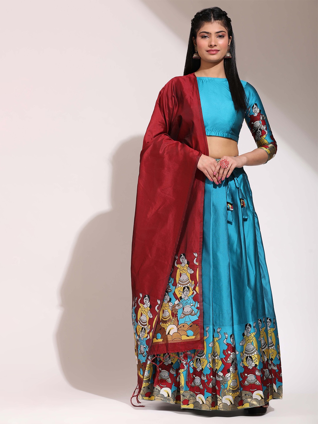 

Fabcartz Printed Semi-Stitched Lehenga & Unstitched Blouse With Dupatta, Turquoise blue