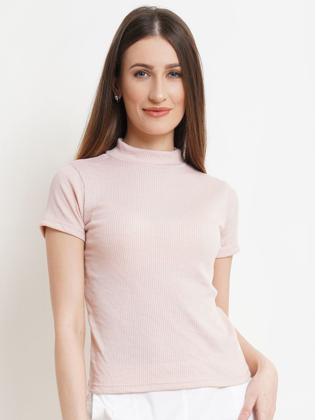 

Purple State Women Solid High Neck Top, Pink