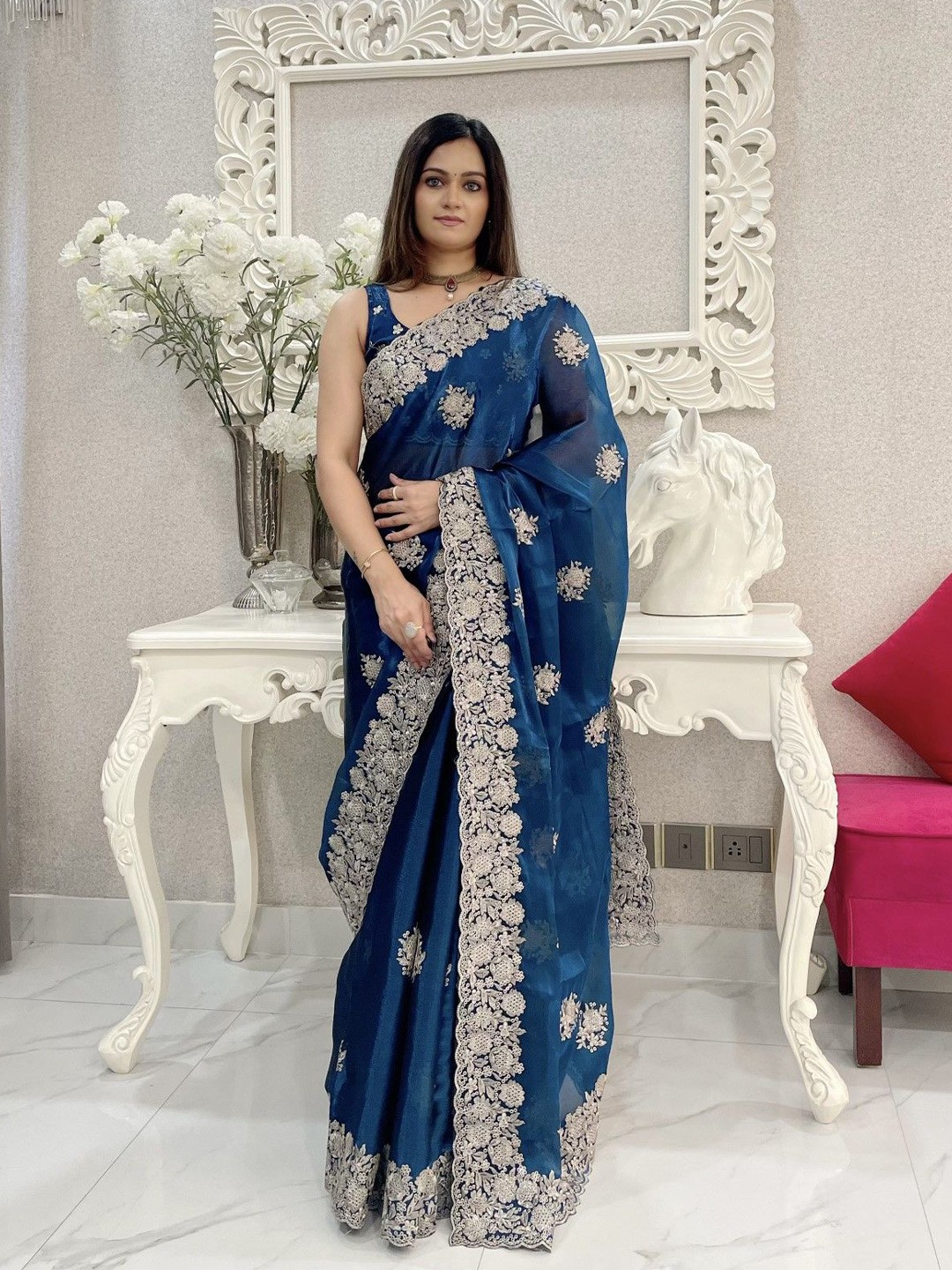 

LeeliPeeri Designer Ethnic Motifs Embroidered Saree, Blue