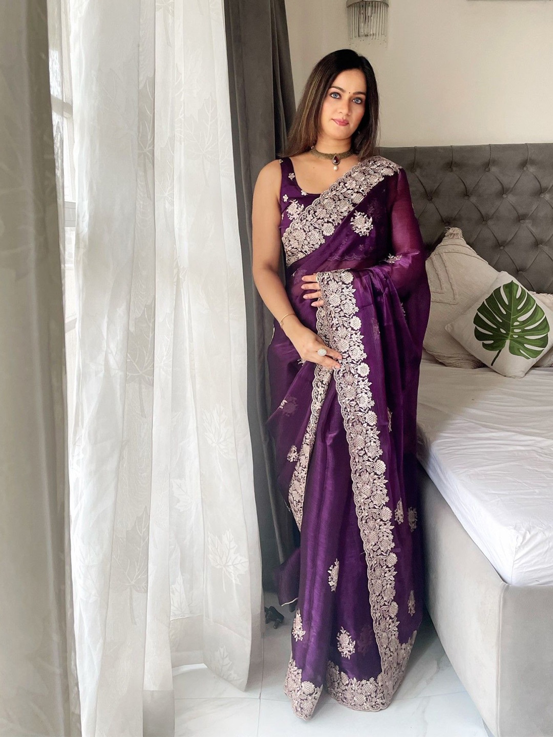 

LeeliPeeri Designer Ethnic Motifs Embroidered Saree, Purple