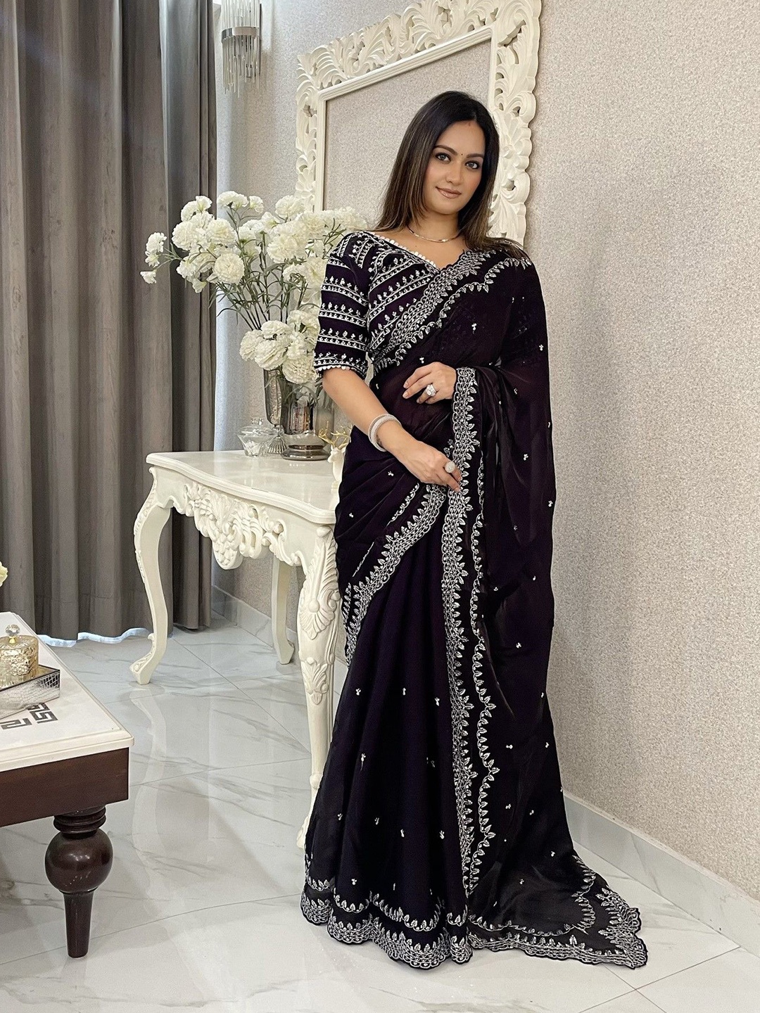 

LeeliPeeri Designer Ethnic Motifs Embroidered Saree, Black