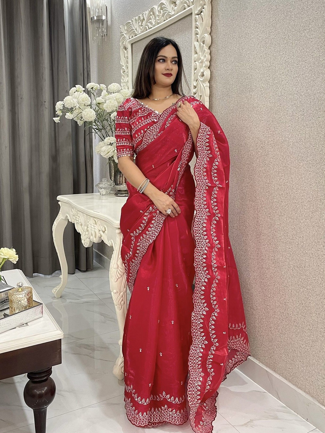 

LeeliPeeri Designer Ethnic Motifs Embroidered Heavy Work Saree, Red