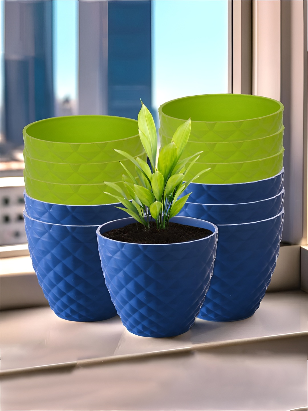 

Kuber Industries Blue & Green 12 Pieces Textured Planters