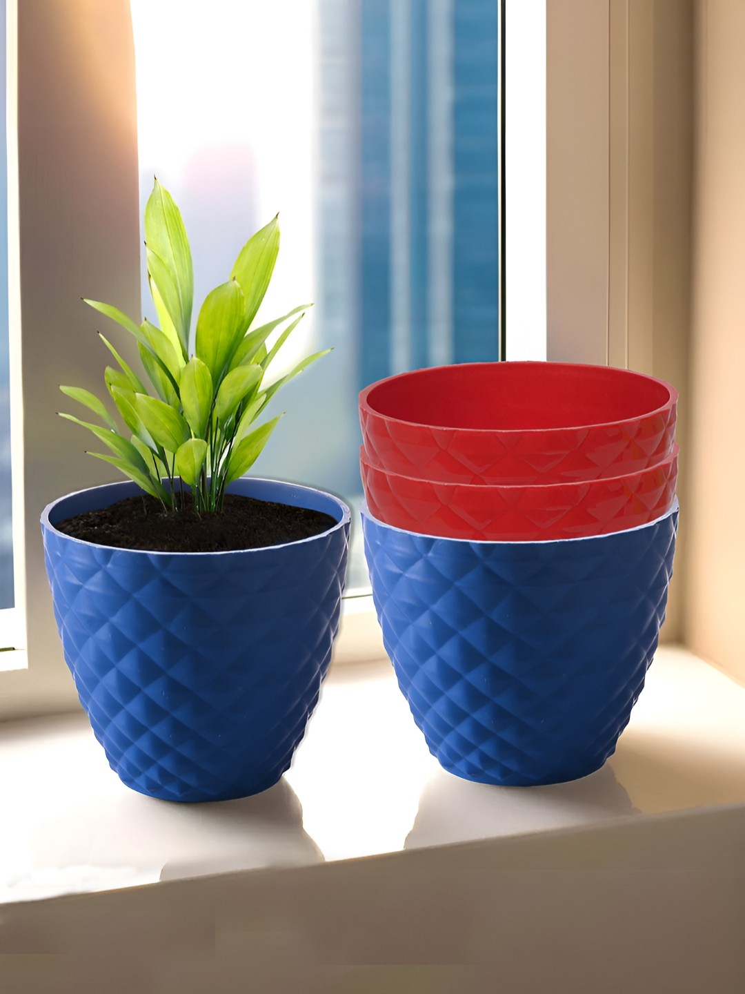 

Kuber Industries Red & Blue 4 Pieces Textured Planters