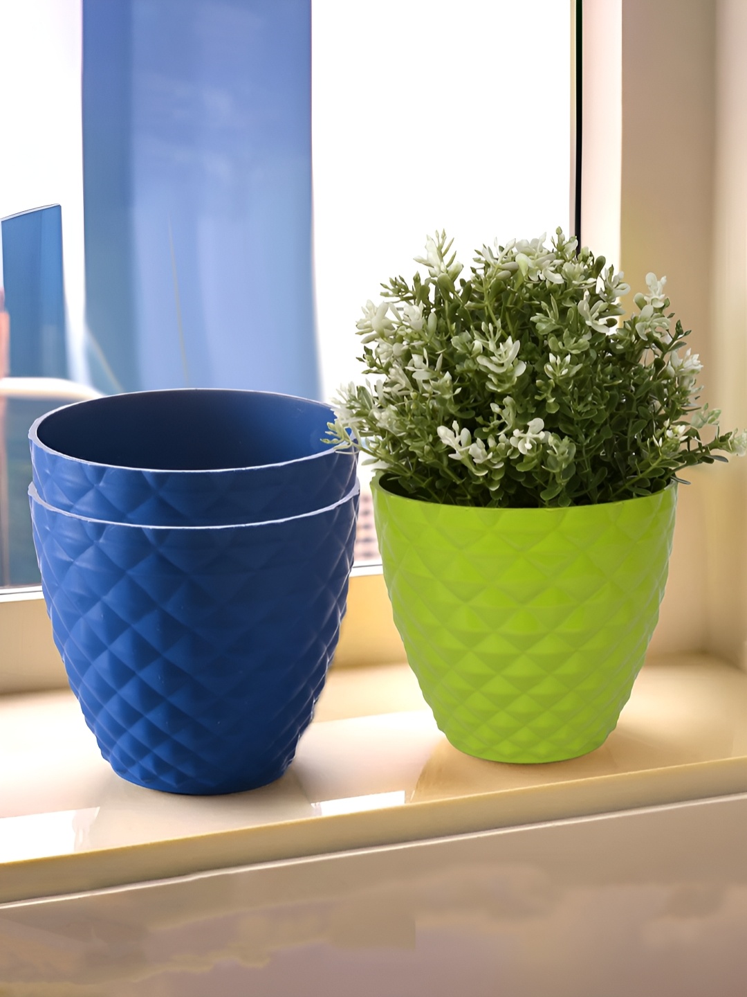 

Kuber Industries Blue & Green 3 Pieces Textured Planters