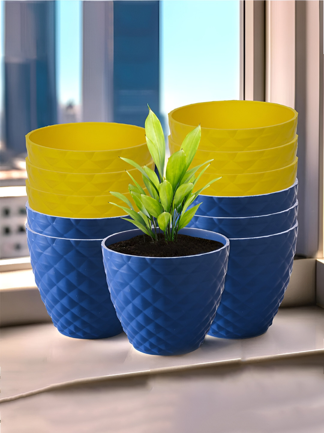 

Kuber Industries Blue & Yellow 12 Pieces Textured Planters