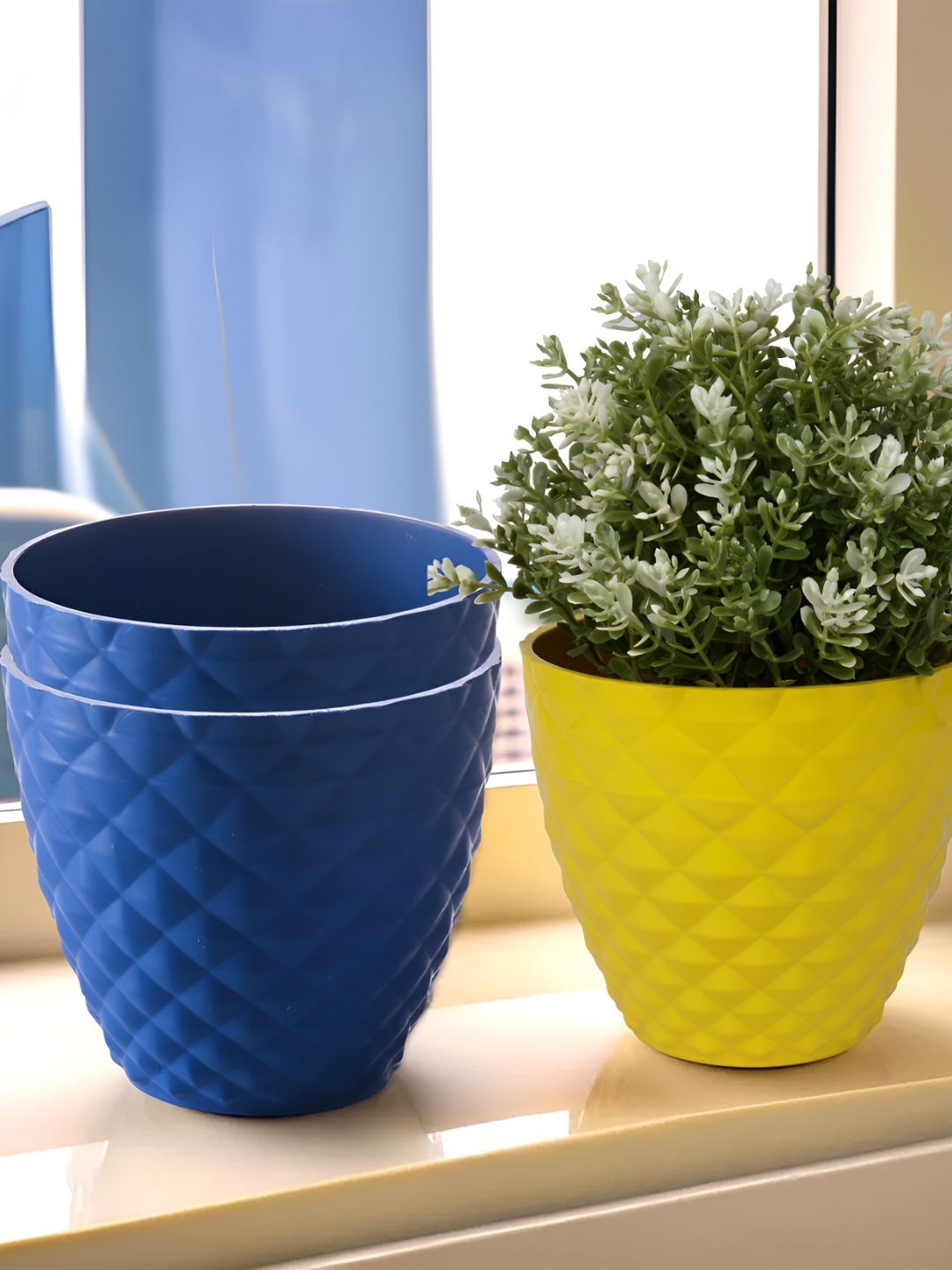 

Kuber Industries Blue & Yellow 3 Pieces Textured Planters