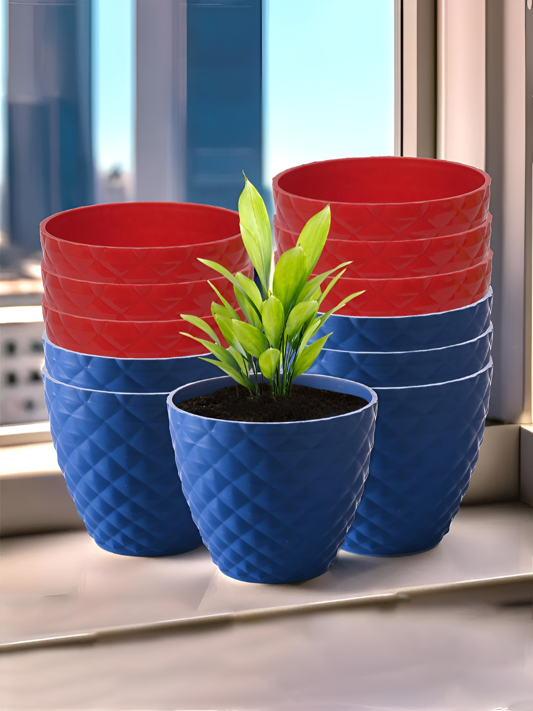 

Kuber Industries Blue & Red 12 Pieces Textured Planters