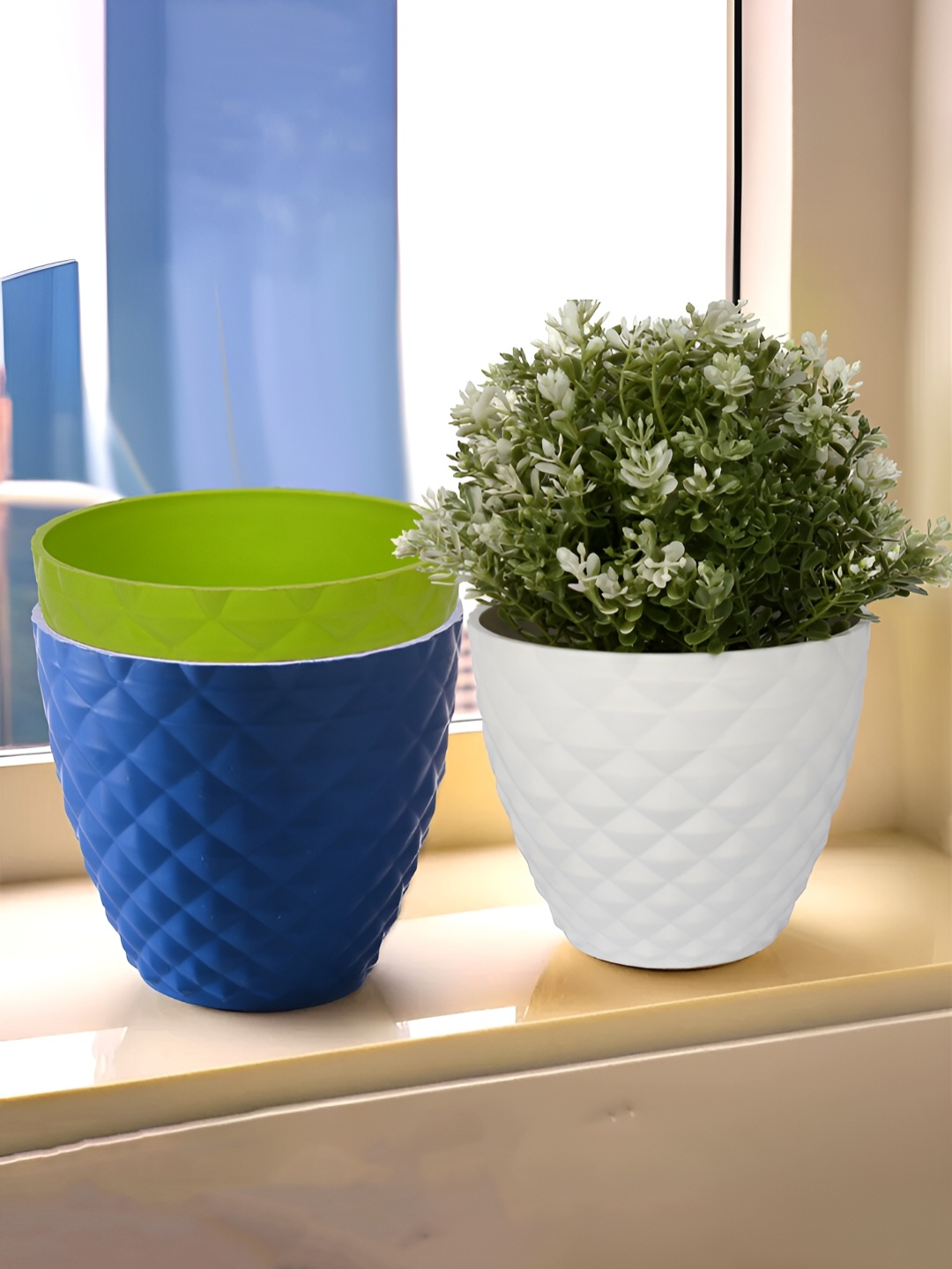 

Kuber Industries Green & Blue 3 Pieces Textured Planters