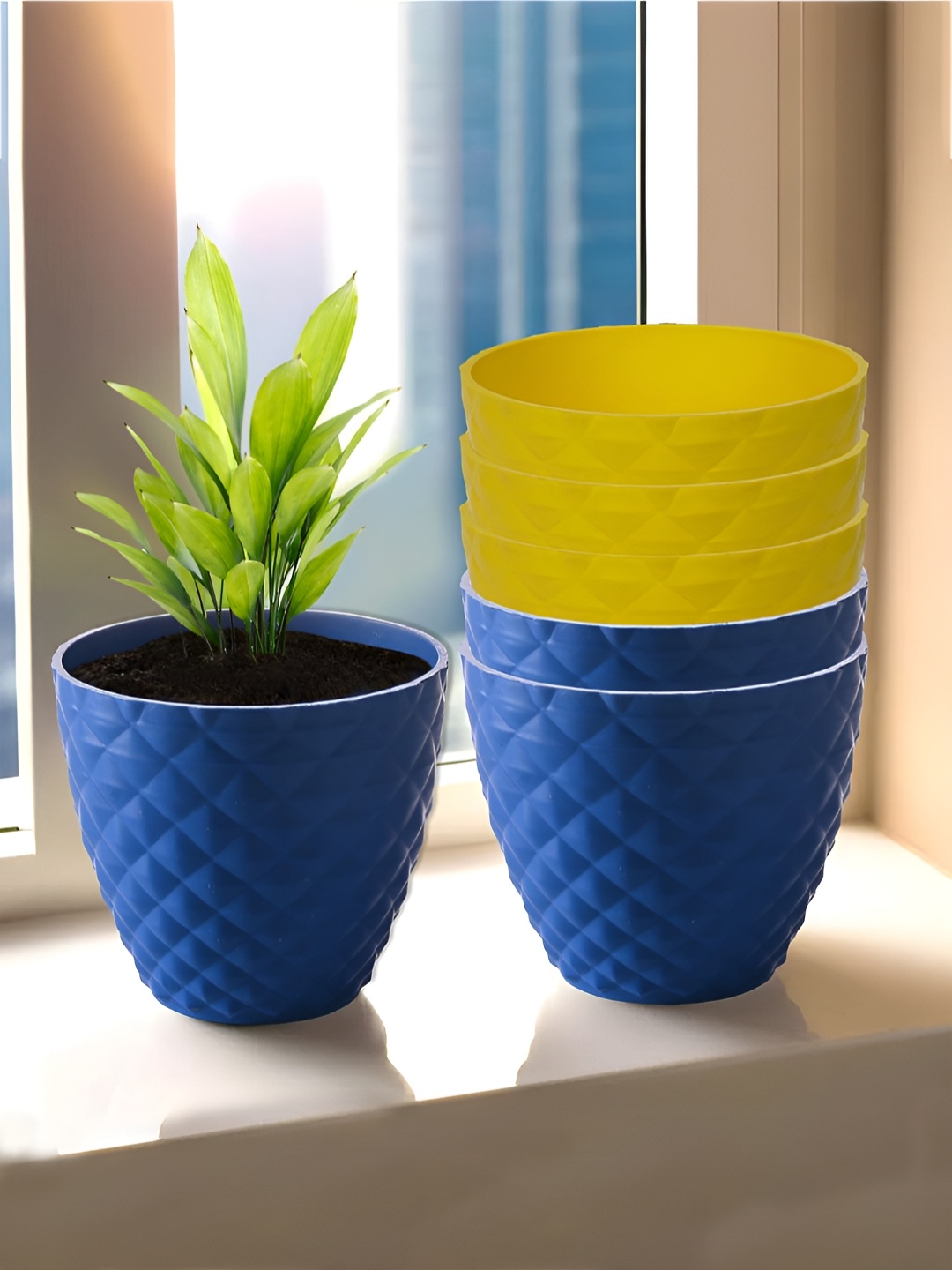 

Kuber Industries Blue & Yellow 6 Pieces Textured Planters