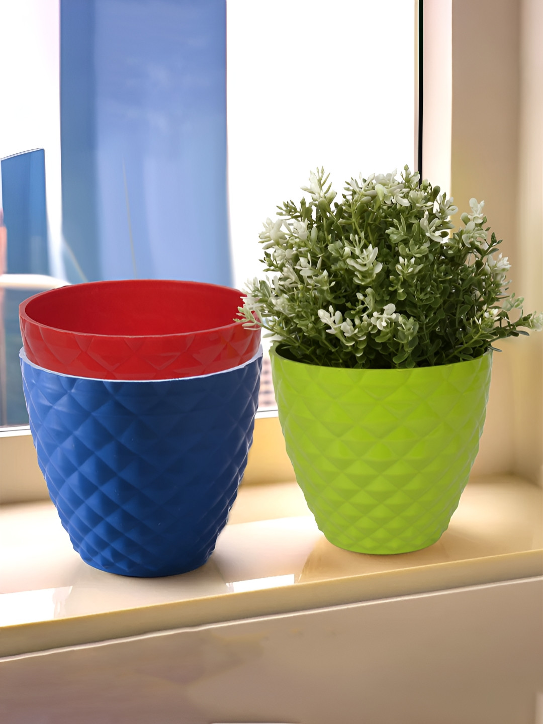 

Kuber Industries Blue & Green 3 Pieces Textured Planters