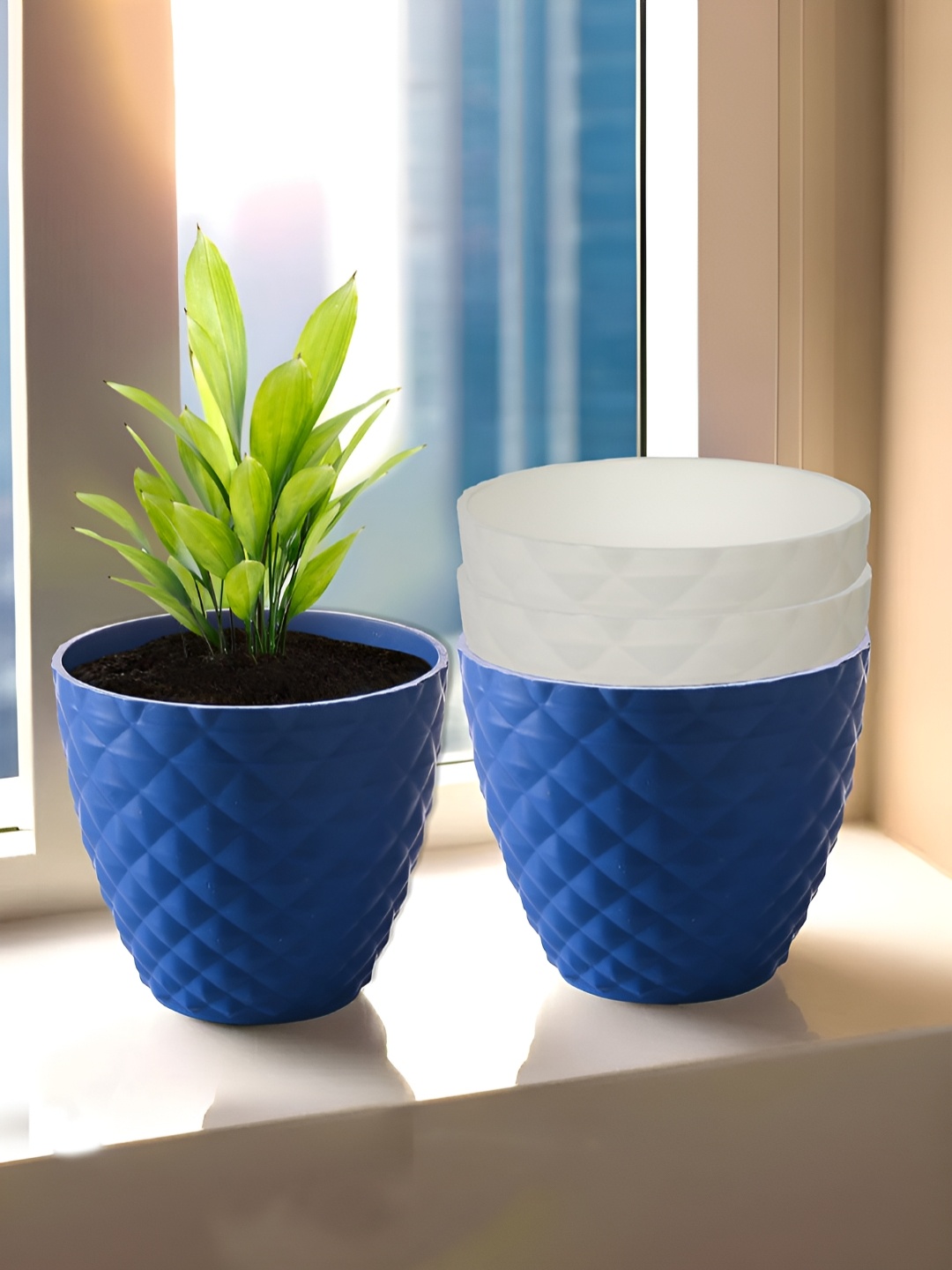 

Kuber Industries White & Blue 4 Pieces Textured Planters